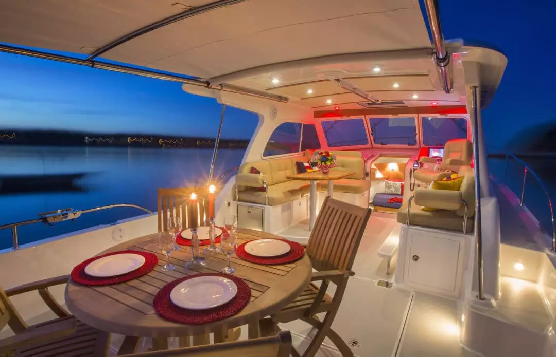 Interiors onboard the Back Cove Downeast 37 in Portland, Maine.