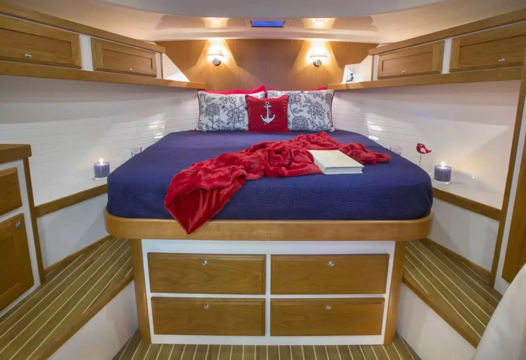 Interiors onboard the Back Cove Downeast 37 in Portland, Maine.