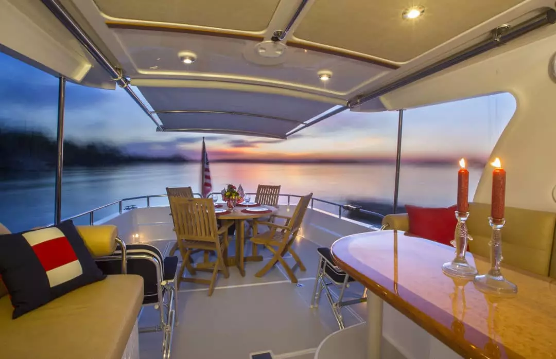 Interiors onboard the Back Cove Downeast 37 in Portland, Maine.