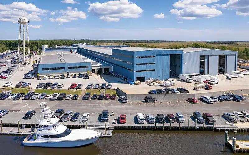 An aerial photo of the Viking Yachts facility