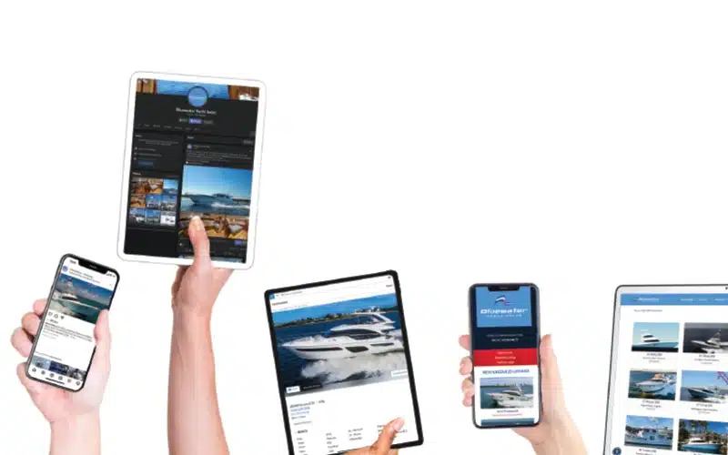 Multiple devices displaying Bluewater Yacht Sales listings and social media pages on smartphones, tablets, and laptops