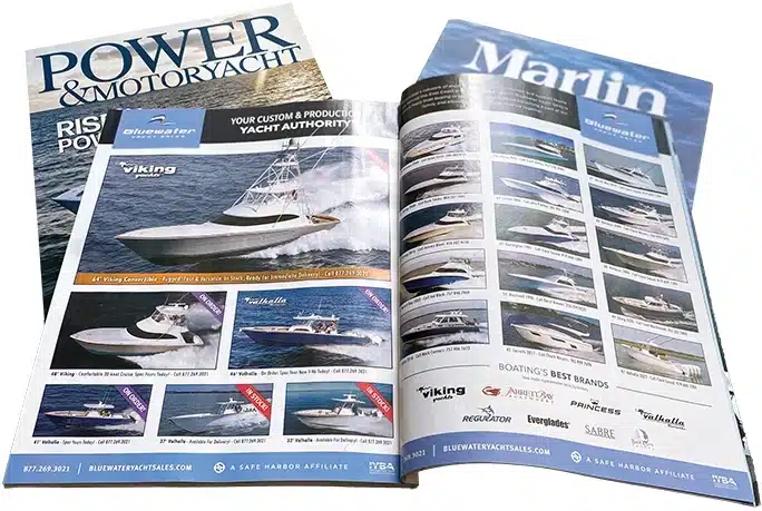 Bluewater Yacht Sales advertisements in Power & MotorYacht and Marlin magazines showcasing various yachts and models