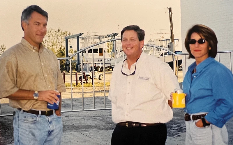 Randy Ramsey and colleagues enjoying a break at Jarrett Bay’s original location, reflecting camaraderie and early business roots