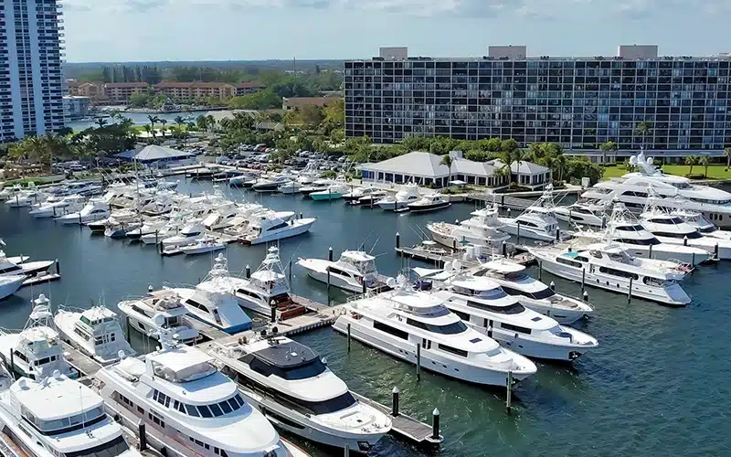 Aerial view of Safe Harbor Old Port Cove marina filled with yachts